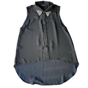 Women Black Sheer Blouse Beaded Collar Button Up‎ Size M High Low Hem Glam Edgy
